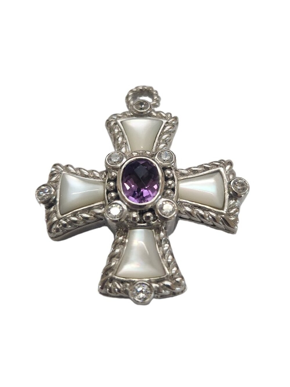 Judith Ripka 925 Amethyst Mother of Pearl Cross Pendant Ready for Your Bail